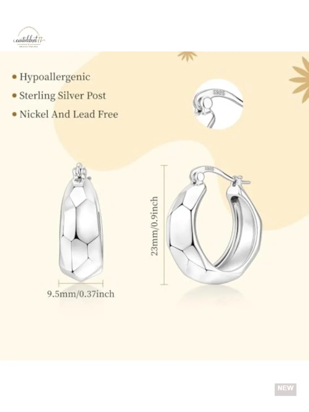 Chunky 925 Sterling Silver Hoop Earrings Diamond-Cut Hypoallergenic Lightweight